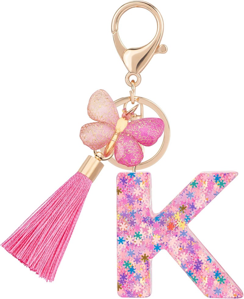 Suweibuke Cute Pink Key Chains for Women Girls, Initial Letter Keychains with Tassel, Charms for Key Purse Handbags Backpacks - Image 1